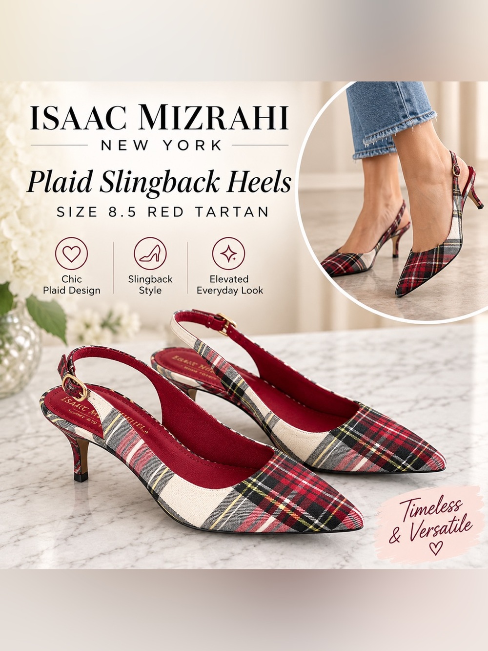 Isaac Mizrahi New York Plaid Slingback Heels Size 8.5 Red Tartan - Picture 1 of 5